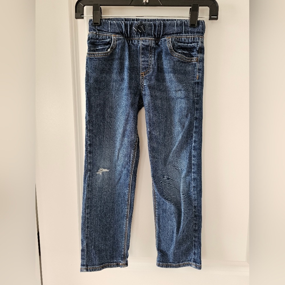 Kid's Sz 6 Straight Fit Denim Jeans Medium Wash Elastic Waist Drawstring ripped